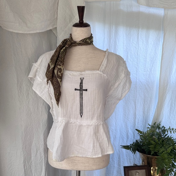 OOAK Lady Epi Shoppe Custom Hand Block Printed Knightcore Sword Blouse - Picture 1 of 5